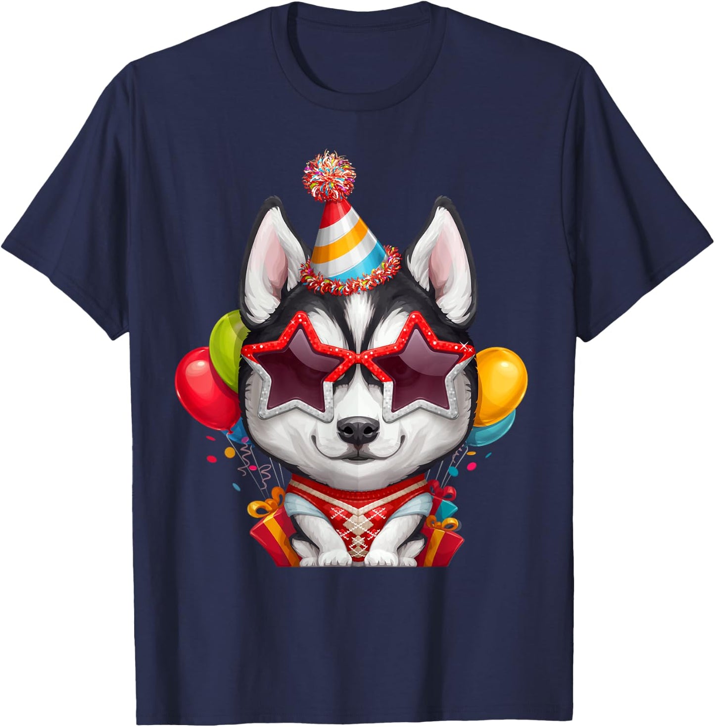 Siberian Husky in Glasses Birthday T-Shirt - T-Shirt | Navy