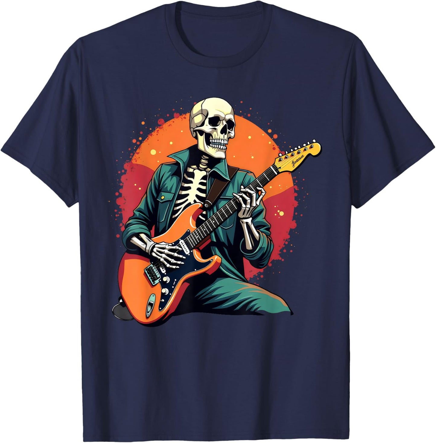 Skeleton Playing Bass Guitar Electric Acoustic Halloween T-Shirt - T-Shirt | Navy