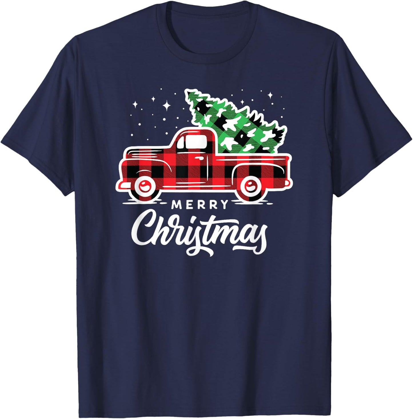 Merry Christmas Pjs Buffalo Plaid Red Truck Christmas Tree T-Shirt - T-Shirt | Navy