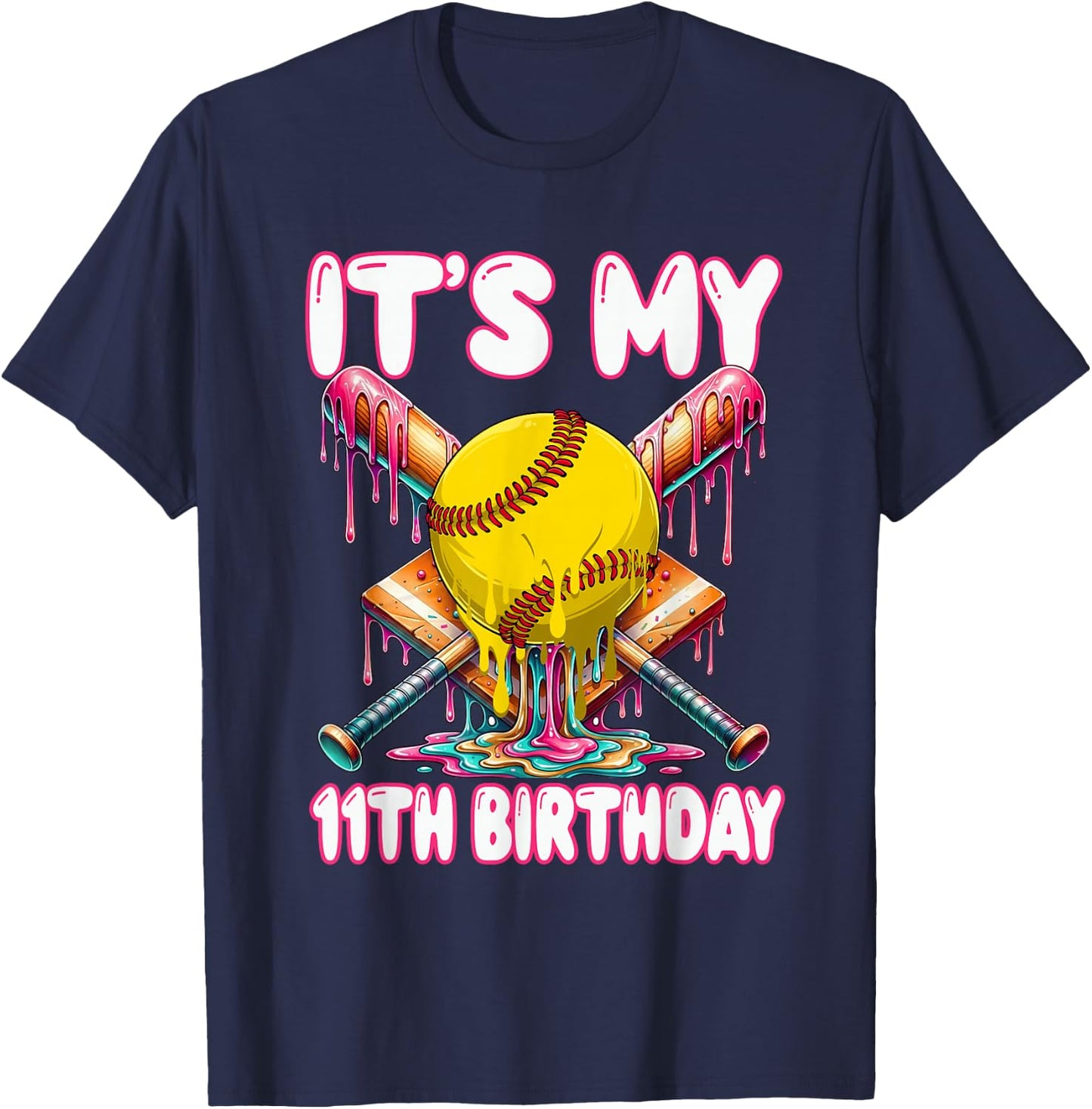 It's My 11th Birthday Softball Drip 11 Year Old Girl Party T-Shirt - T-Shirt | Navy