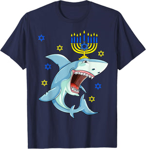 Hanukkah Menorah Shark Funny Chanukah Jewish Gift T-Shirt - T-Shirt | Navy