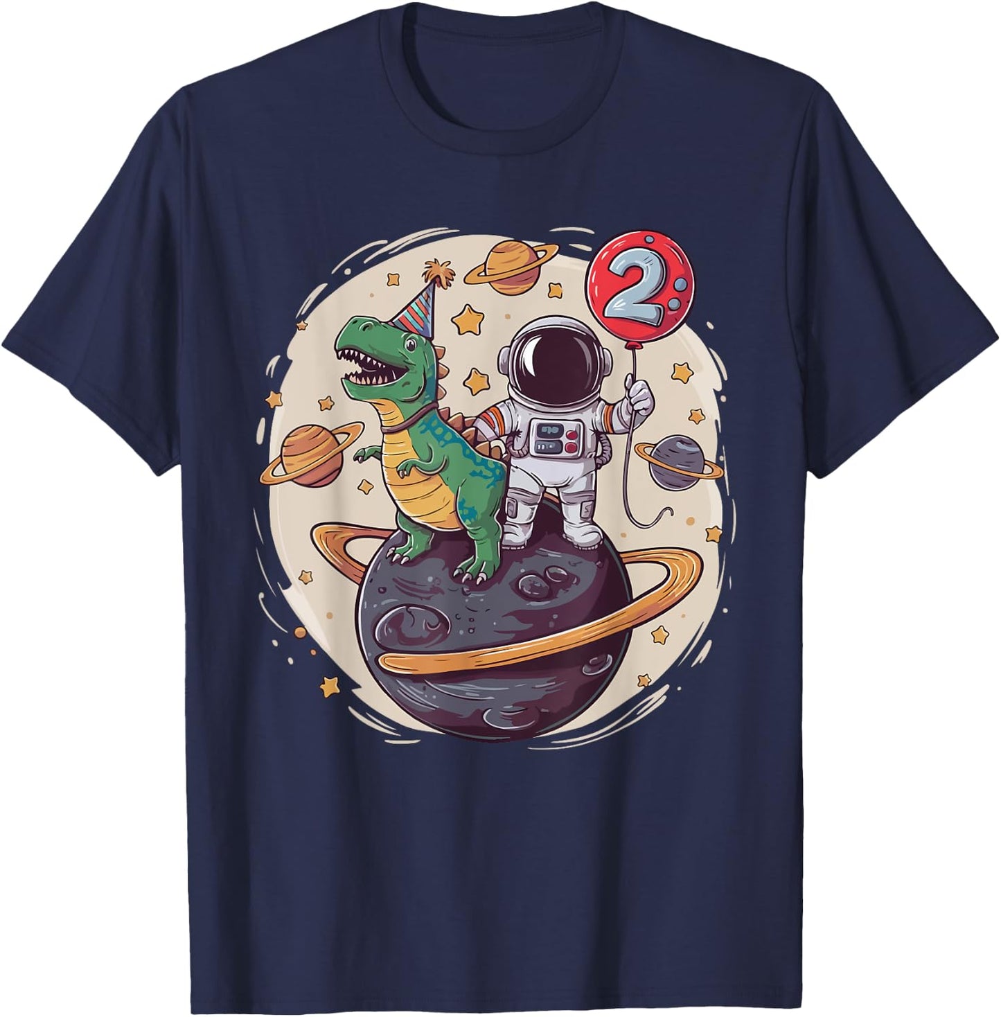 2 Years Old Birthday Boy Astronaut Dinosaur 2nd Birthday T-Shirt - T-Shirt | Navy