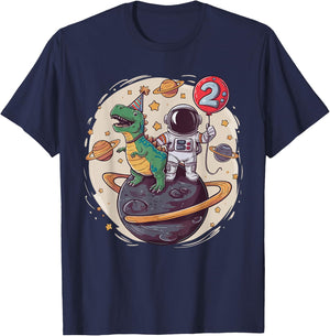 2 Years Old Birthday Boy Astronaut Dinosaur 2nd Birthday T-Shirt - T-Shirt | Navy