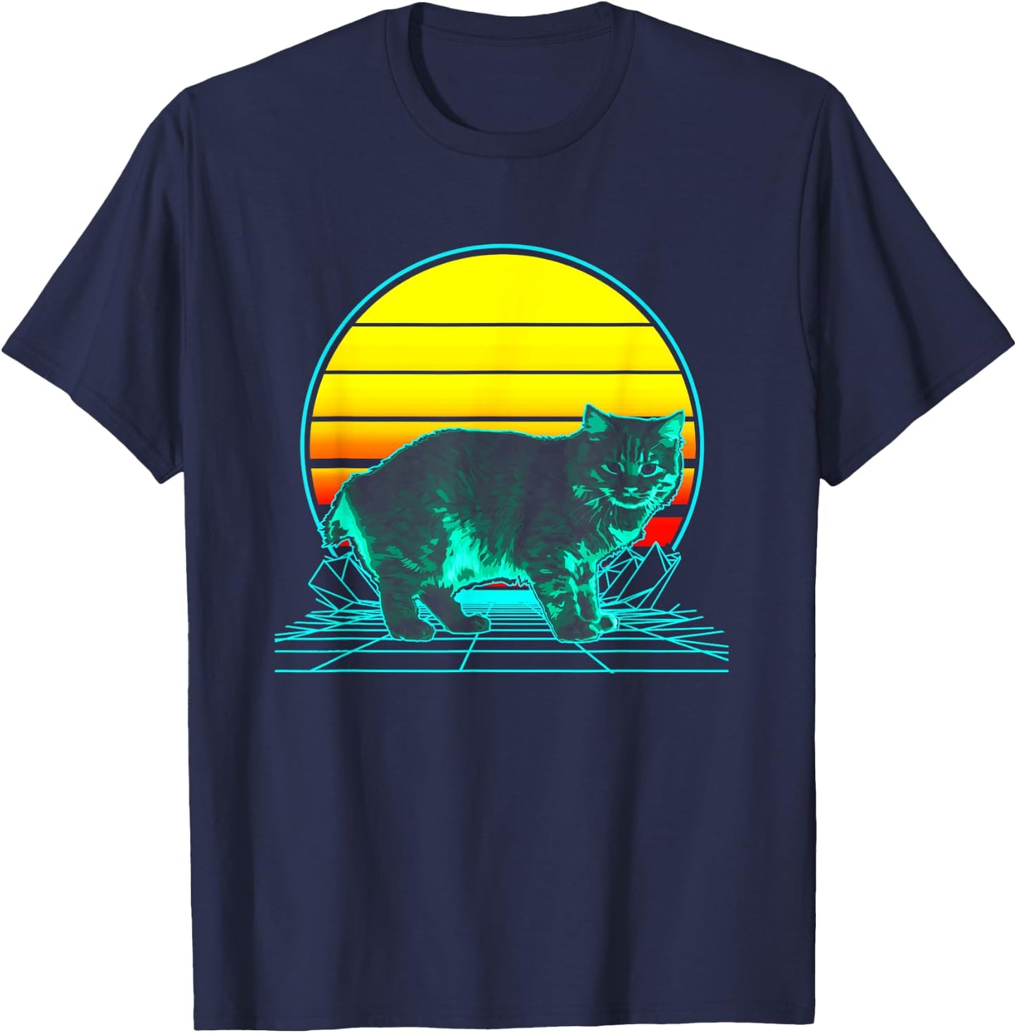 Retro Manx Cat Vaporwave T-Shirt - T-Shirt | Navy