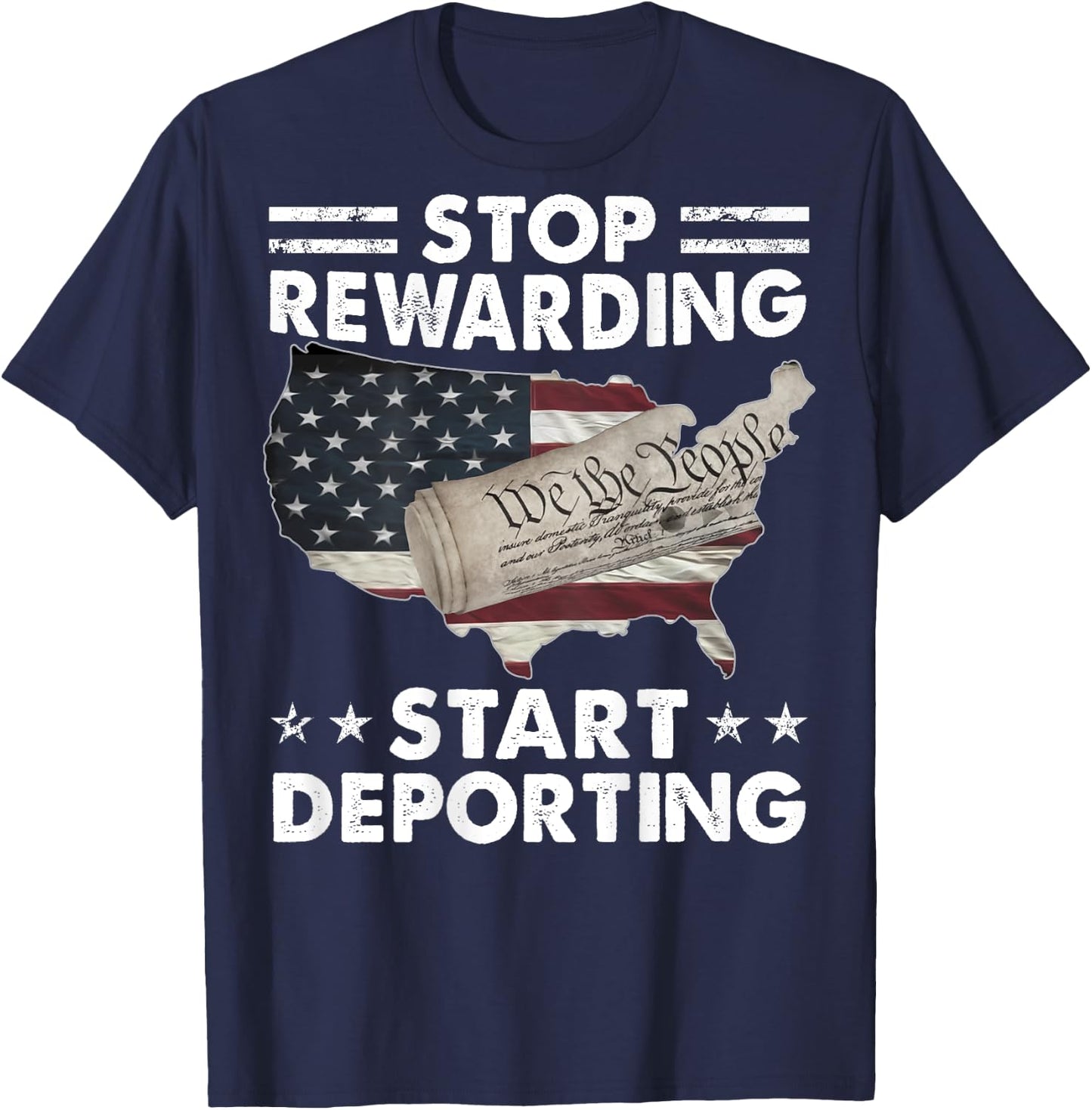 Stop Rewarding Start Deporting Vintage American Flag (BACK) T-Shirt - T-Shirt | Navy