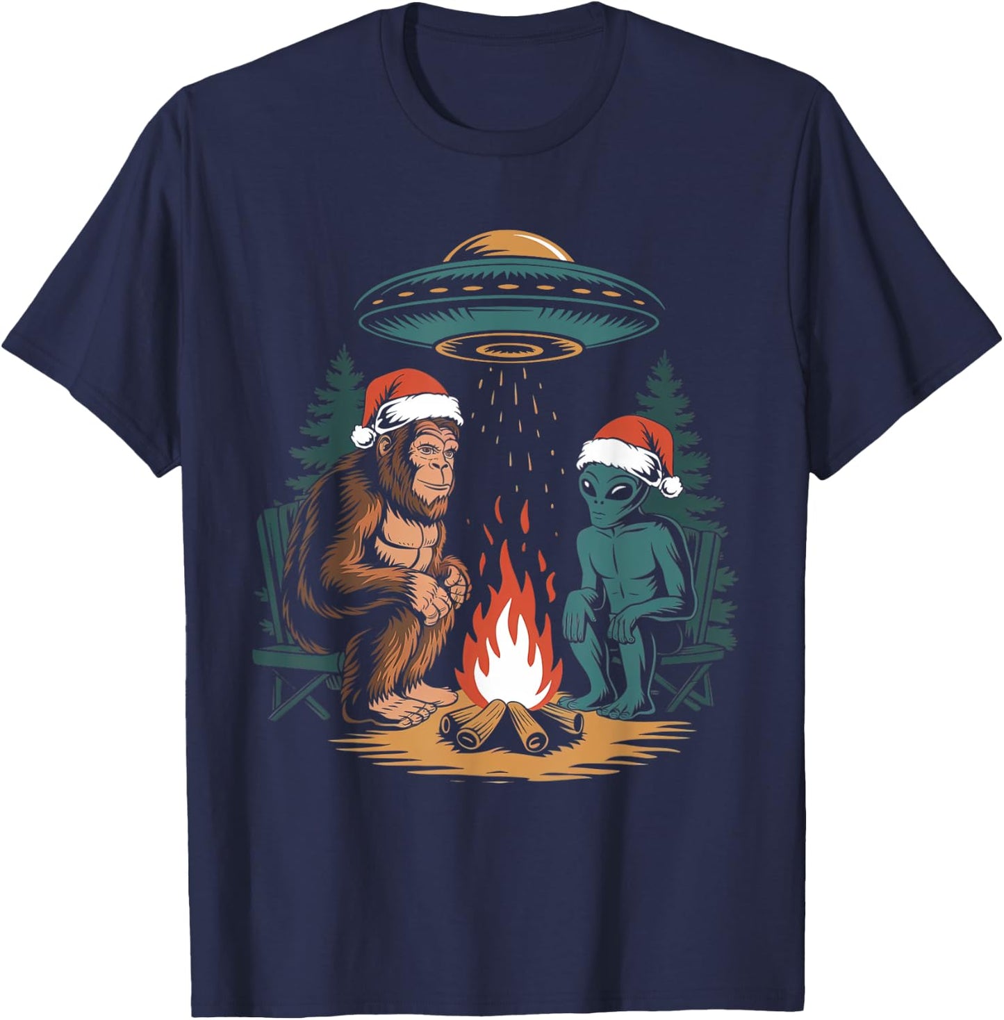 Funny Bigfoot Alien UFO Santa Hat Campfire Outdoor Christmas T-Shirt - T-Shirt | Navy