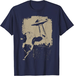 Vintage 90s Cow UFO Abduction Farmer Cow Alien Spaceship T-Shirt - T-Shirt | Navy