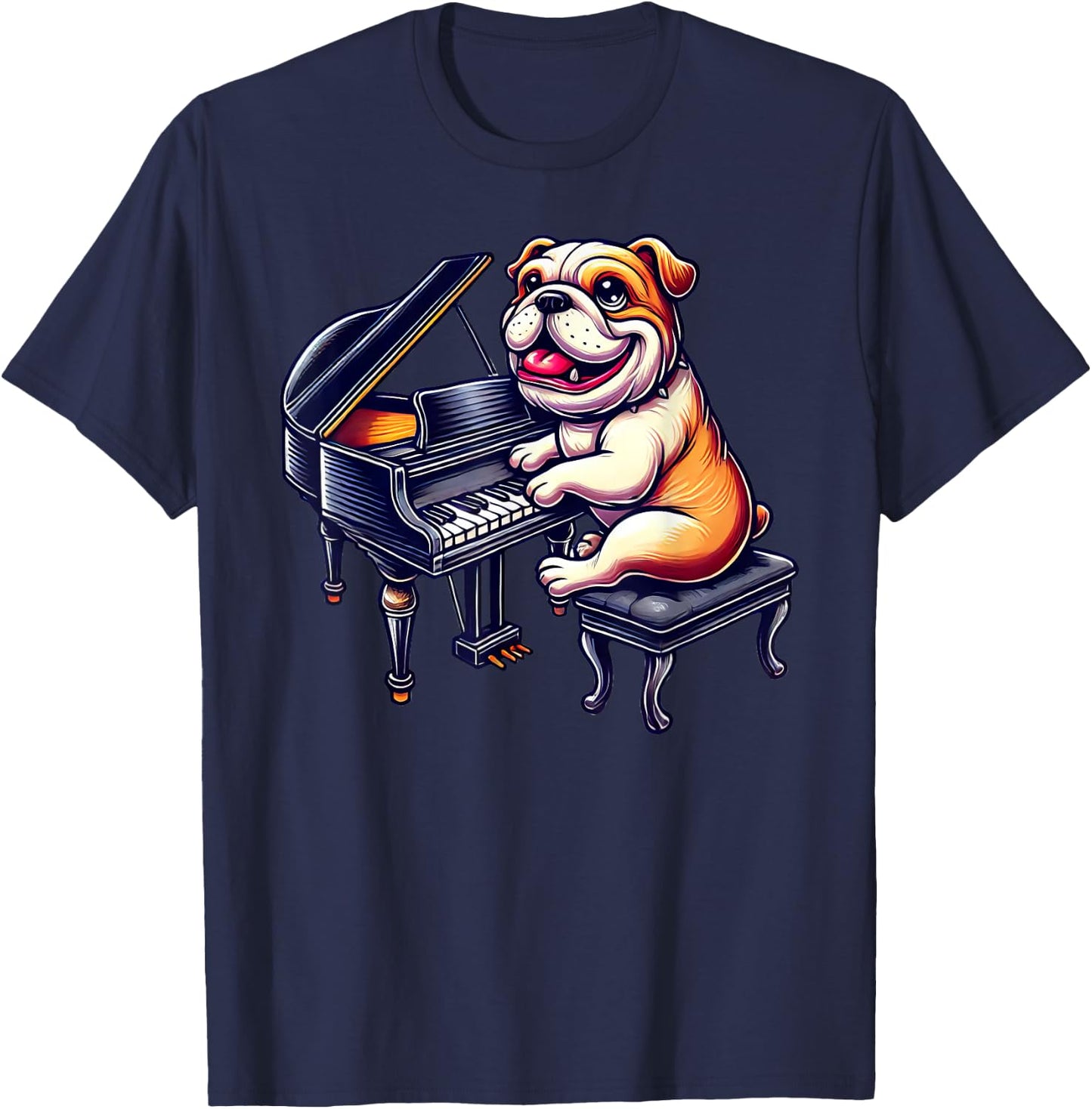 Cute English Bulldog Dog Playing Piano Musician Music T-Shirt - T-Shirt | Navy