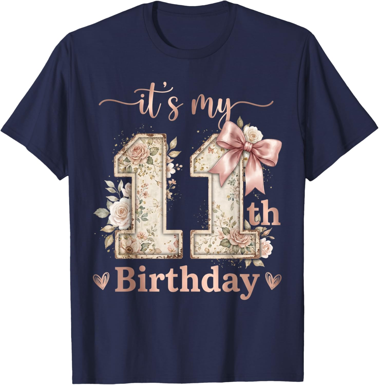 It's My 11th Birthday Girl Coquette Bow Pink 11 Year Old T-Shirt - T-Shirt | Navy
