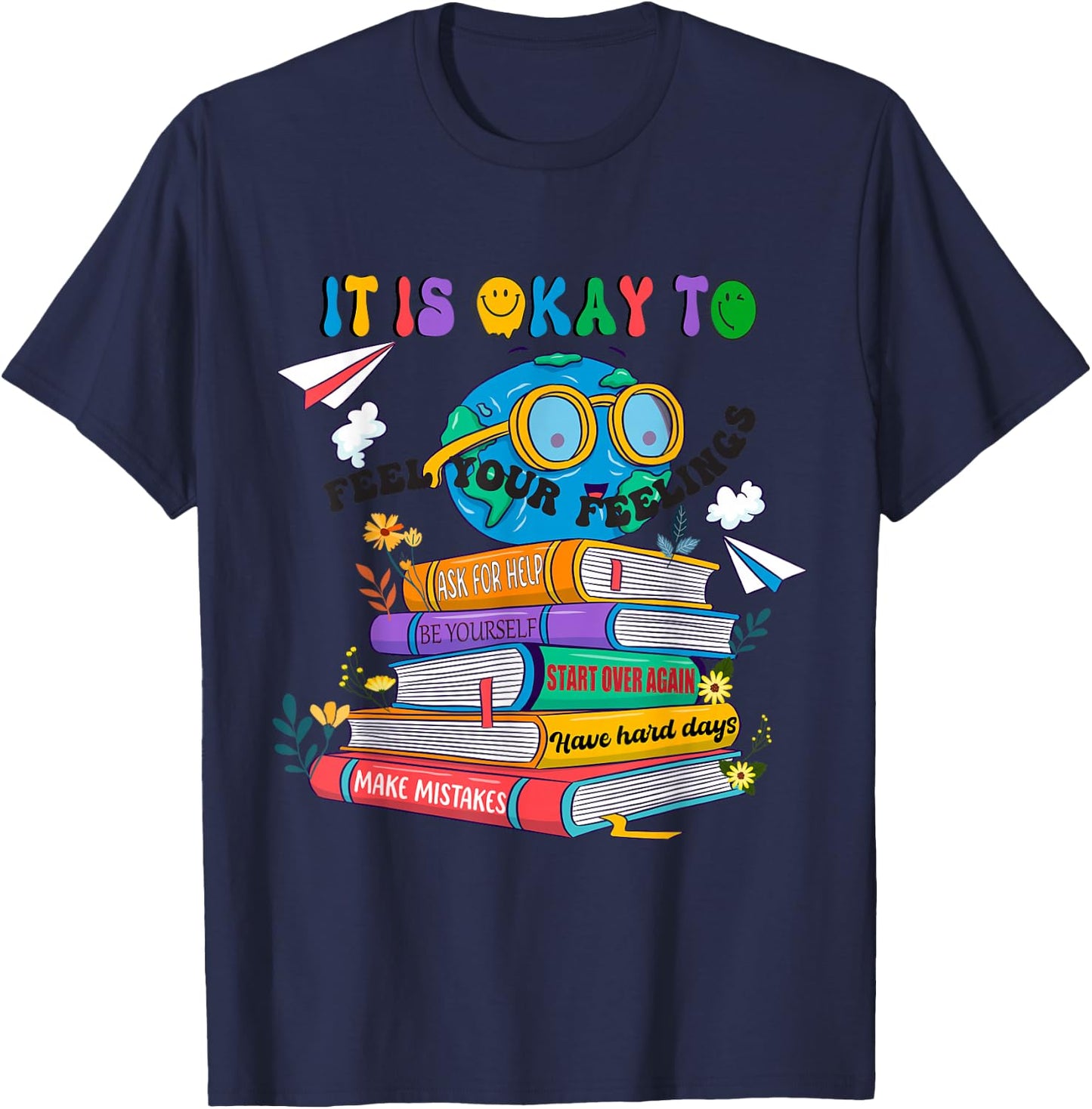 Books It's Okay To Be Kind - Yellow Mental Health Day Kids T-Shirt - T-Shirt | Navy