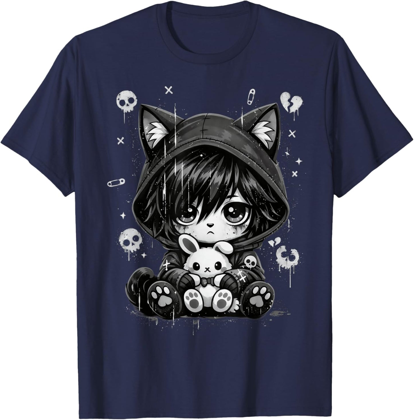 Goth Cat Goth Girl Cute E-Girl Gothic Grunge Outfit T-Shirt - T-Shirt | Navy