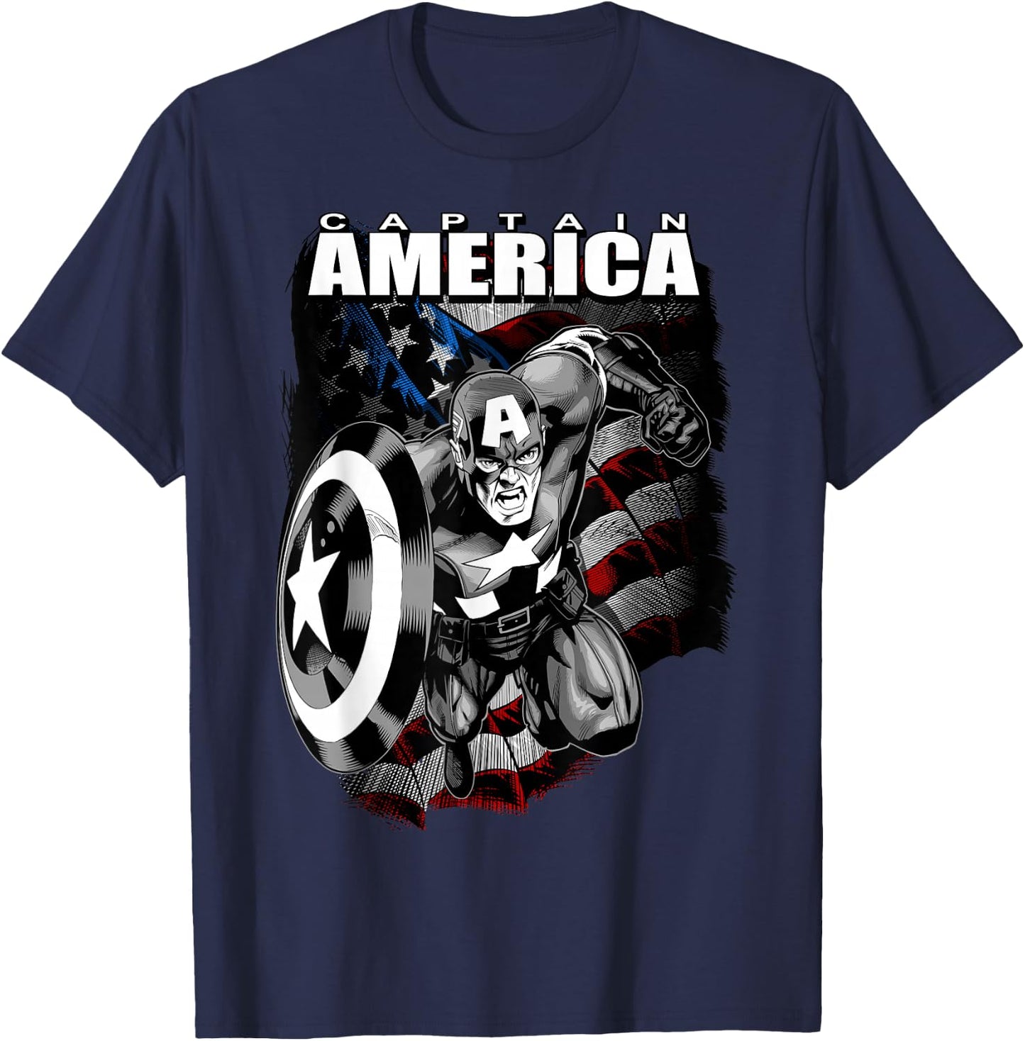 Marvel 4th of July Captain America Distressed Flag Poster Small T-Shirt - T-Shirt | Navy