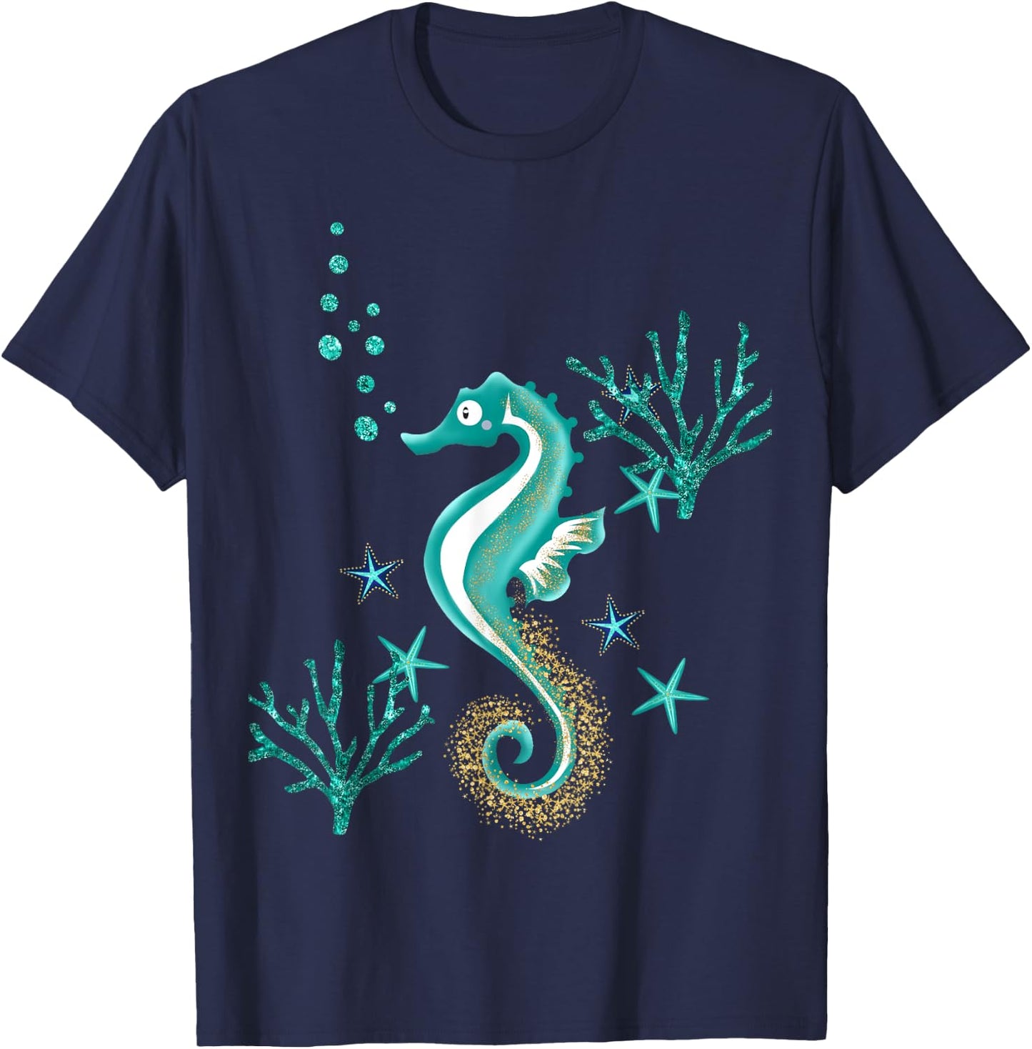 Turquoise Seahorse Ocean Design T-Shirt - T-Shirt | Navy