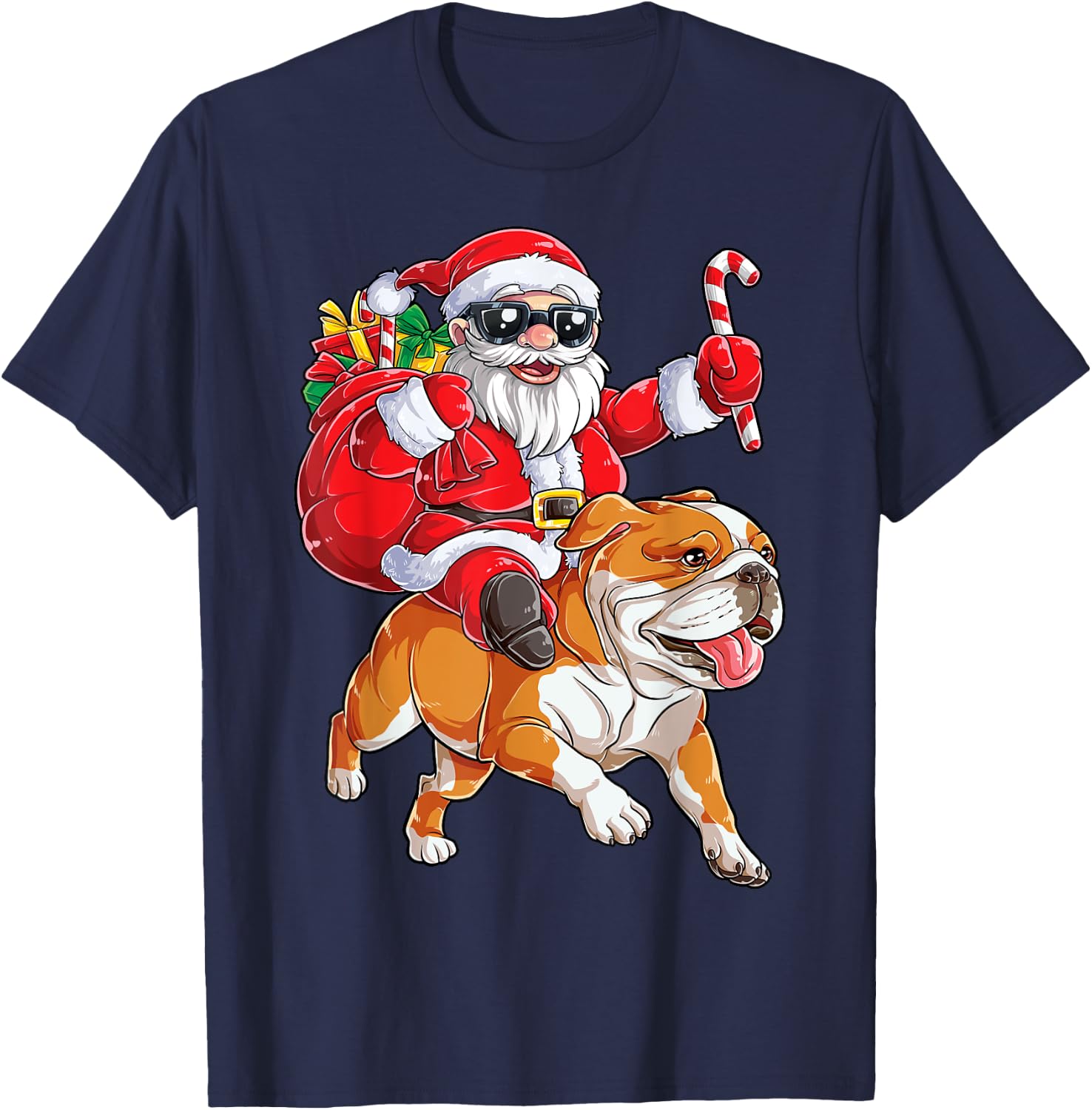Christmas Santa Claus Riding English Bulldog Xmas Boys Dog T-Shirt - T-Shirt | Navy