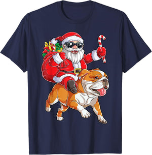 Christmas Santa Claus Riding English Bulldog Xmas Boys Dog T-Shirt - T-Shirt | Navy