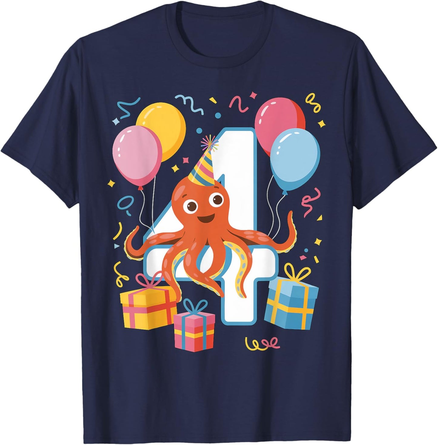 Octopus 4th birthday for boy girl 4 years old fourth Octopus T-Shirt - T-Shirt | Navy