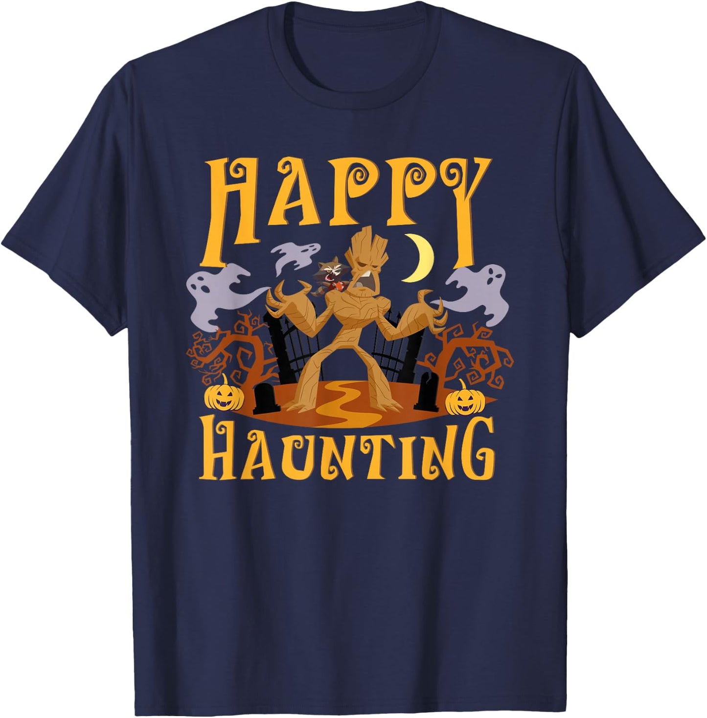 Marvel Groot and Rocket Raccoon Happy Haunting Halloween T-Shirt - T-Shirt | Navy