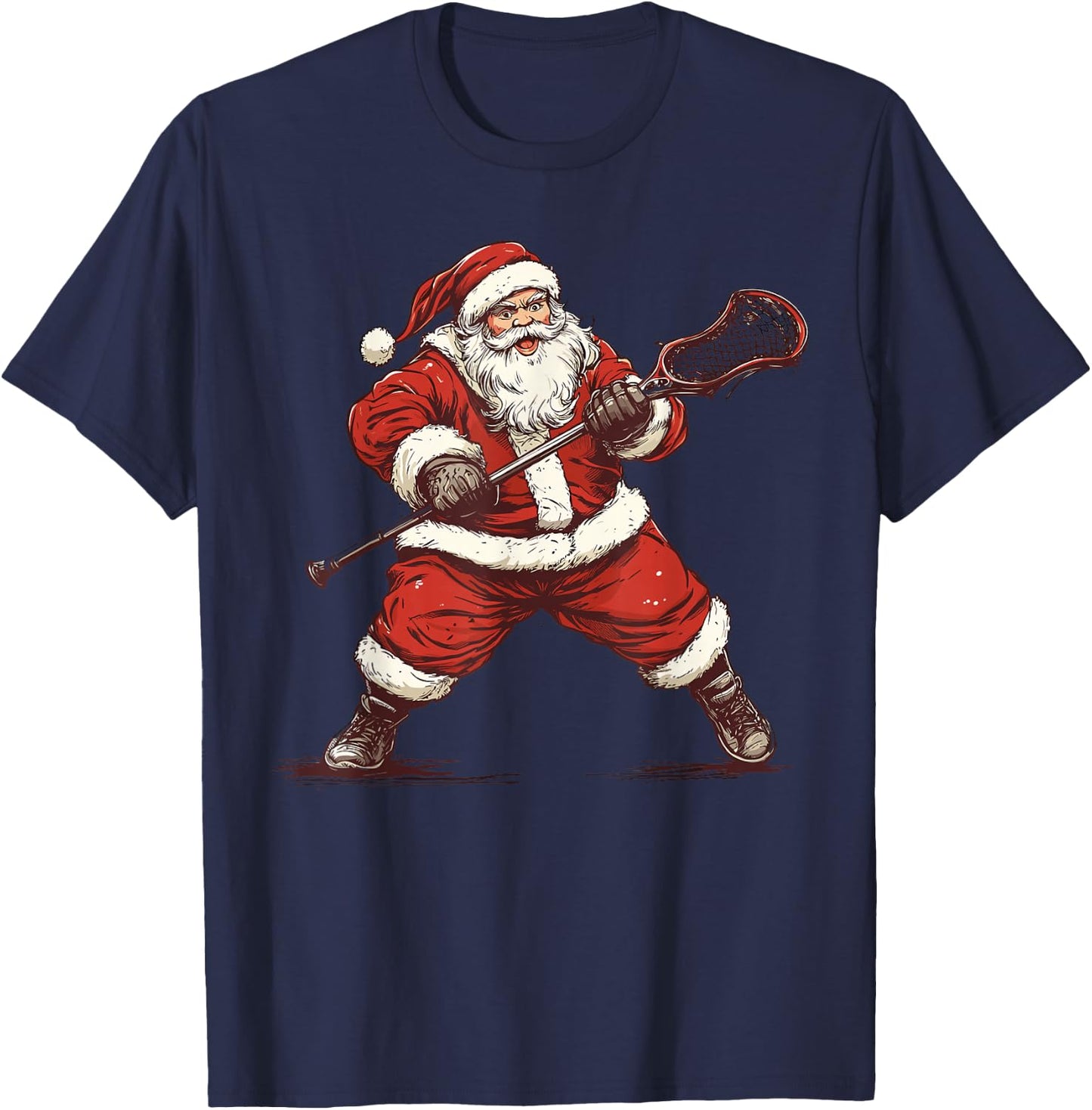 Santa Playing Lacrosse Funny Lacrosse Lax Player Christmas T-Shirt - T-Shirt | Navy