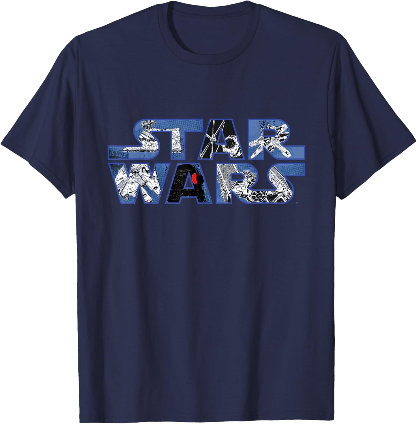 Star Wars Logo Millennium Falcon and Death Star T-Shirt - T-Shirt | Navy