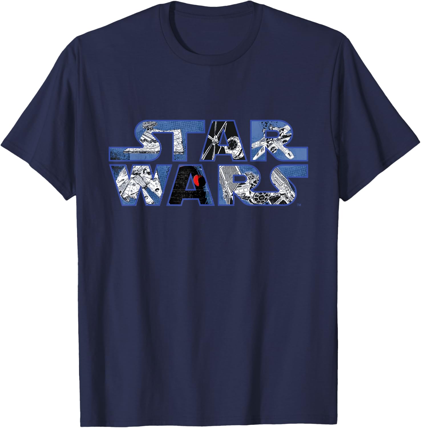 Star Wars Logo Millennium Falcon and Death Star T-Shirt - T-Shirt | Navy