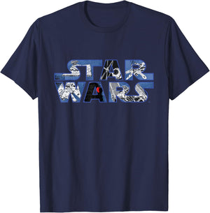 Star Wars Logo Millennium Falcon and Death Star T-Shirt - T-Shirt | Navy