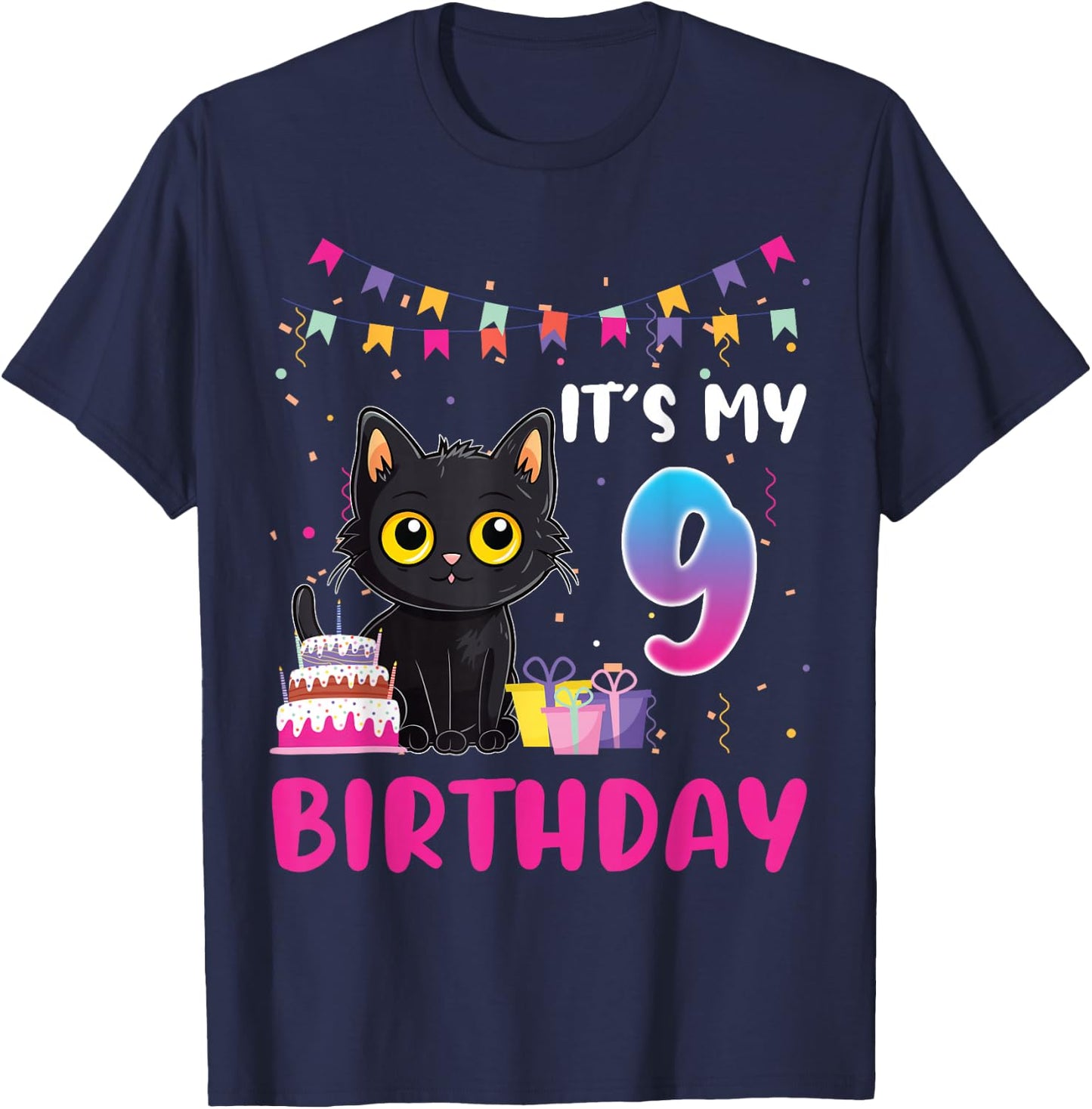 It's My 9th Birthday Cat 9 Years Old Birthday Party T-Shirt - T-Shirt | Navy