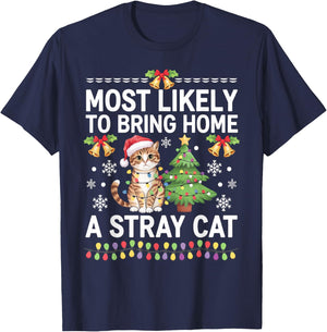 Most Likely to Bring Home a Stray Cat Christmas Design Women Kids T-Shirt - T-Shirt | Navy