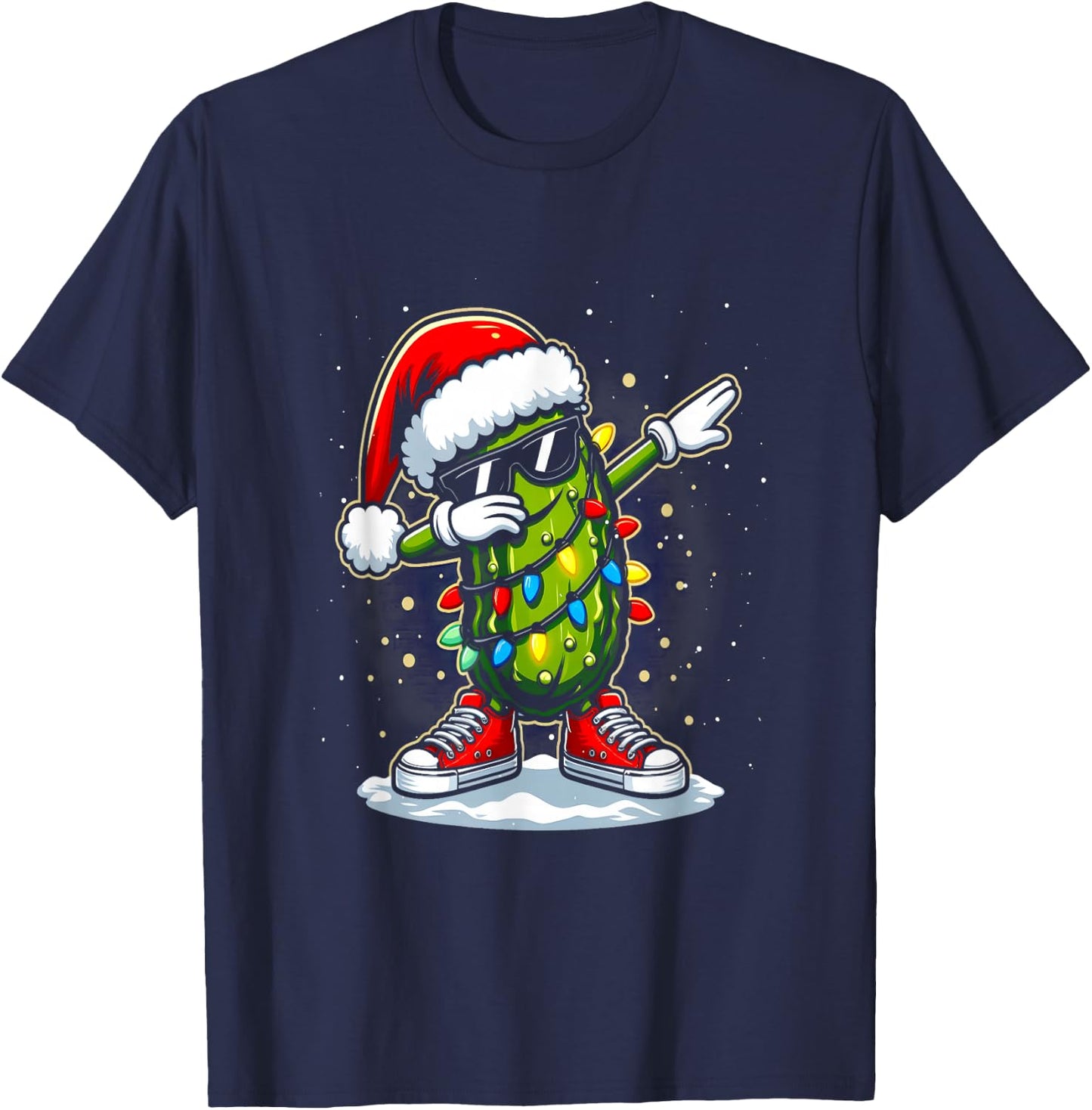 Merry Christmas Pickle Cucumber Dabbing Santa Hat Lights T-Shirt - T-Shirt | Navy