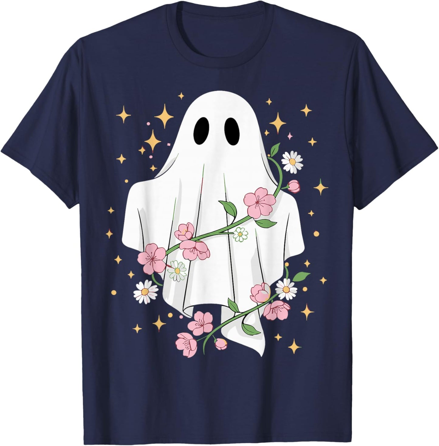 Cute Ghost with Flowers Halloween T-Shirt - T-Shirt | Navy