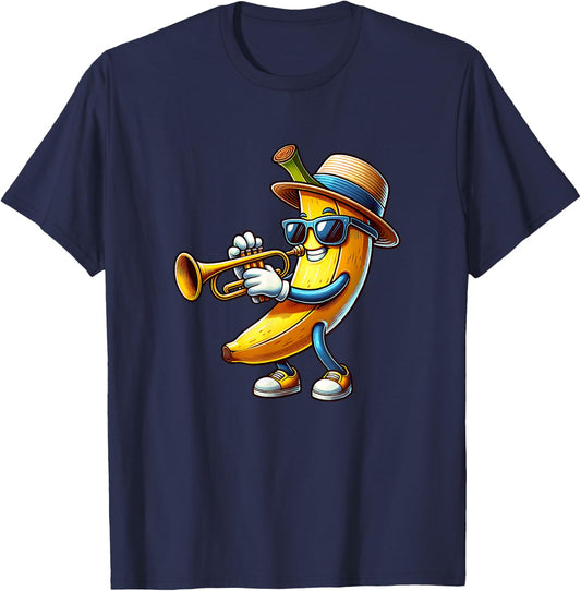 Cool Banana Playing Trumpet Musician Cartoon T-Shirt - T-Shirt | Navy