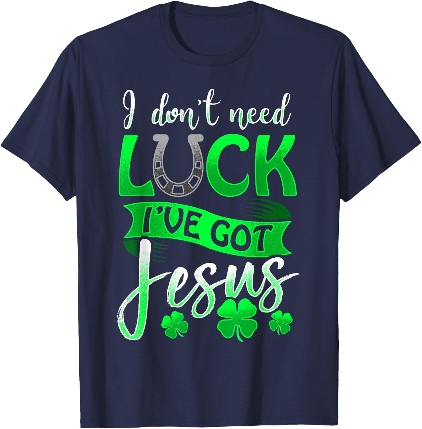 Lucky Irish Holiday by 3C St. Patrick's Day Christian Black Cotton/Polyester , Small, Short Sleeve, Round Neck, Casual, All Seasons, Letter Print, Horse & Jesus Theme T-Shirt - T-Shirt | Navy