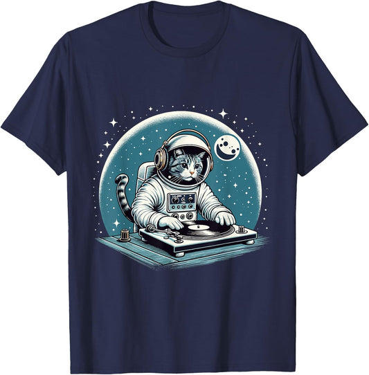 DJ Space Cat Shirt Disc Jockey Cat in Astronaut Suit Costume Men Women Kids T-Shirt - T-Shirt | Navy