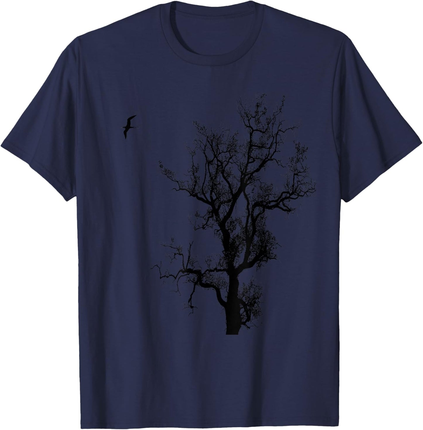 Tree and Bird Nature Black Graphic T-Shirt - T-Shirt | Navy