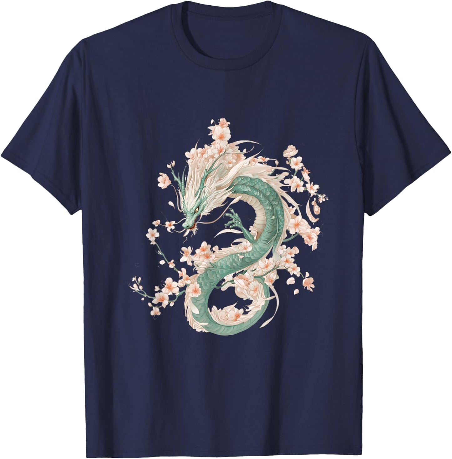 Green Dragon Spirit in Cherry Blossom Glory T-Shirt - T-Shirt | Navy