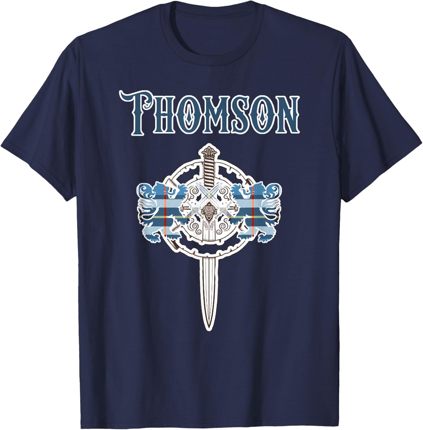 Thomson Scottish Clan Family Name Tartan Lion Sword T-Shirt - T-Shirt | Navy