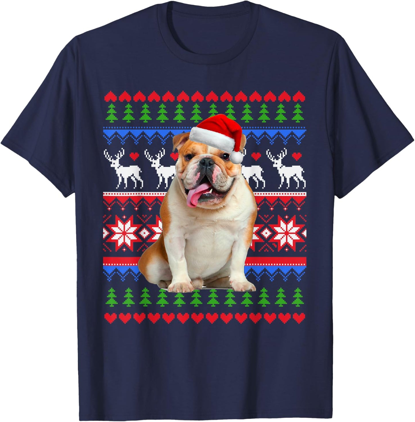 Santa English Bulldog Christmas Light Ugly Christmas Sweater Women Kids T-Shirt - T-Shirt | Navy