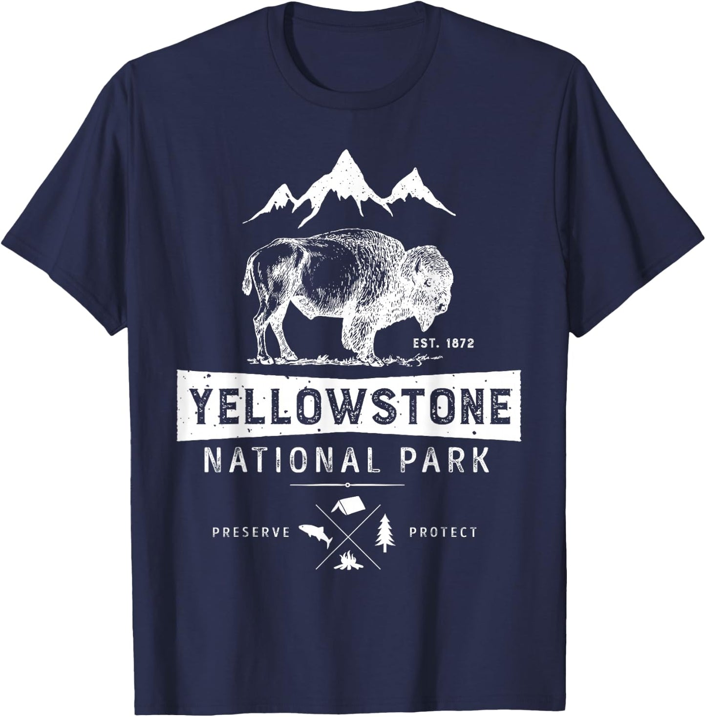 Yellowstone National Park T Shirt US Bison Buffalo Vintage T-Shirt - T-Shirt | Navy