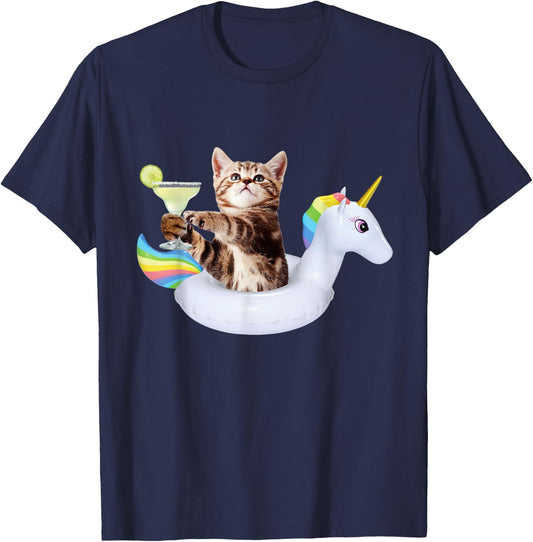 Summer Kitty With Margarita & Unicorn Float Funny Cat Shirt T-Shirt - T-Shirt | Navy
