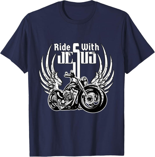 Ride With Jesus Christian Biker Men Women Kids Motorcycle T-Shirt - T-Shirt | Navy