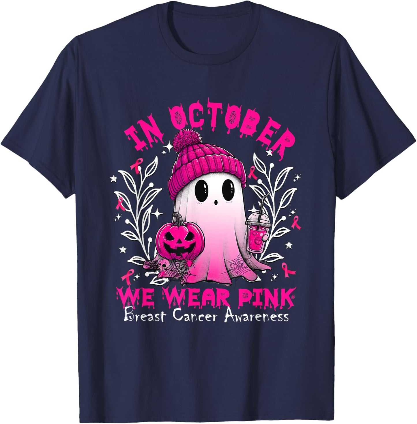 In October We Wear Pink Ghost Witch Breast Cancer Awareness T-Shirt - T-Shirt | Navy