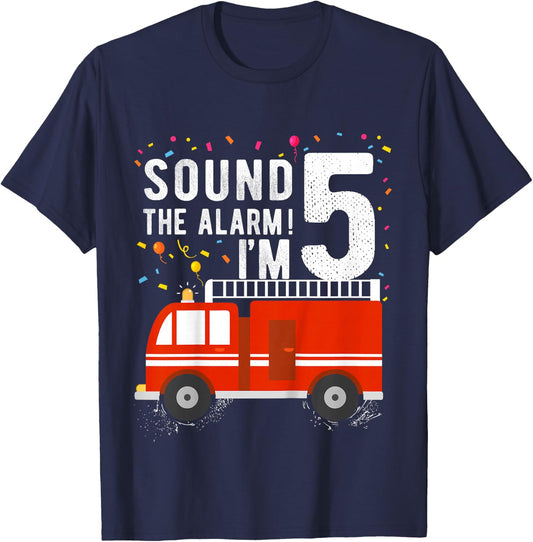 Fire Truck 5th Birthday Boy 5 Year Old Firefighter T-Shirt - T-Shirt | Navy