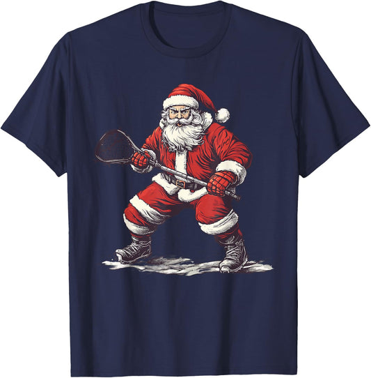 Santa Playing Lacrosse Funny Lax Lacrosse Player Christmas T-Shirt - T-Shirt | Navy