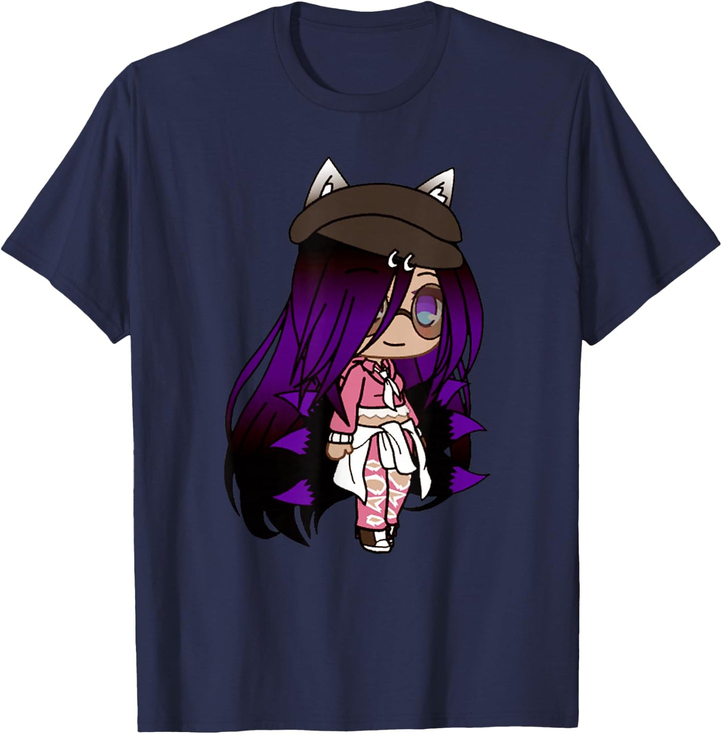Cute Chibi Style Kawaii Anime Girl with Fox Ears and Tails T-Shirt - T-Shirt | Navy