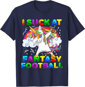 I Suck At Fantasy Football Dabbing Unicorn Rainbow Loser T-Shirt - T-Shirt | Navy
