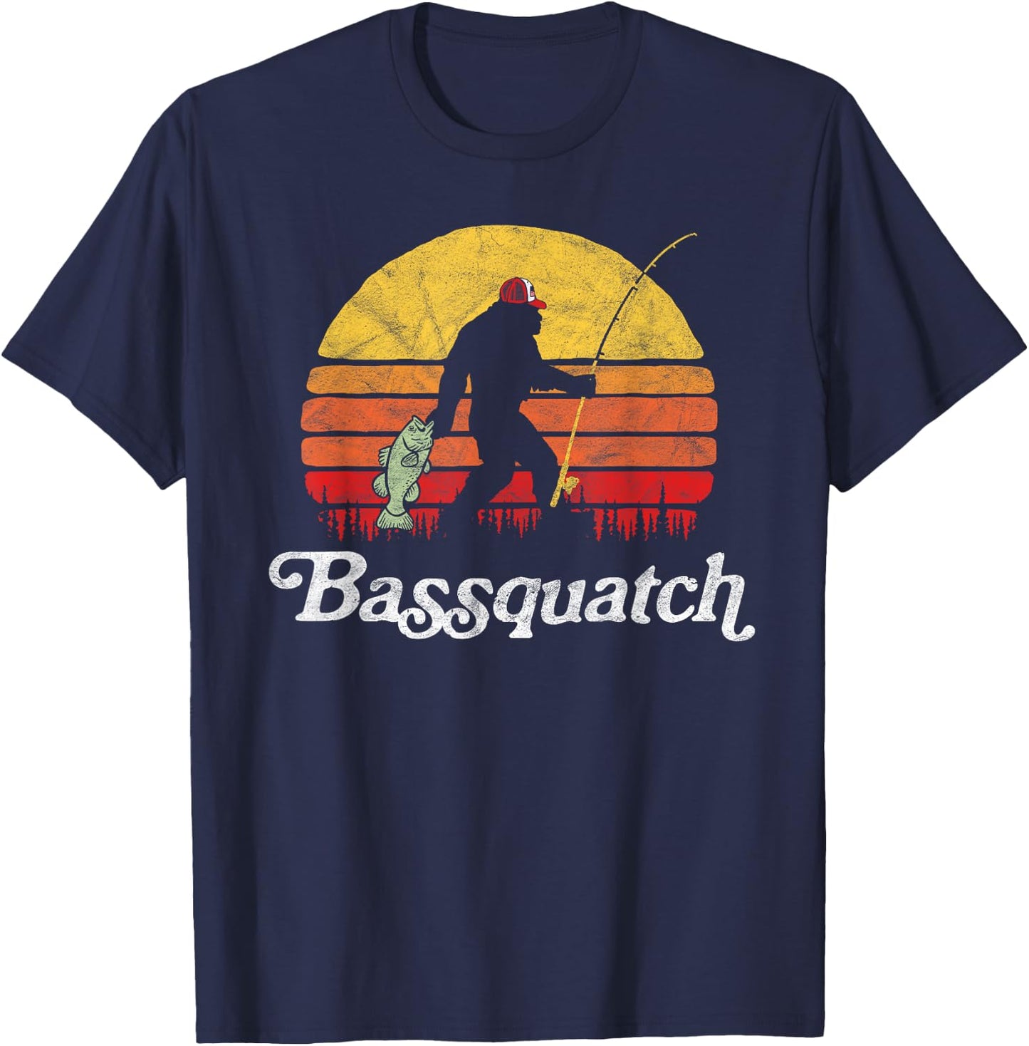 Bassquatch! Funny Bigfoot Fishing Outdoor Retro T-Shirt - T-Shirt | Navy