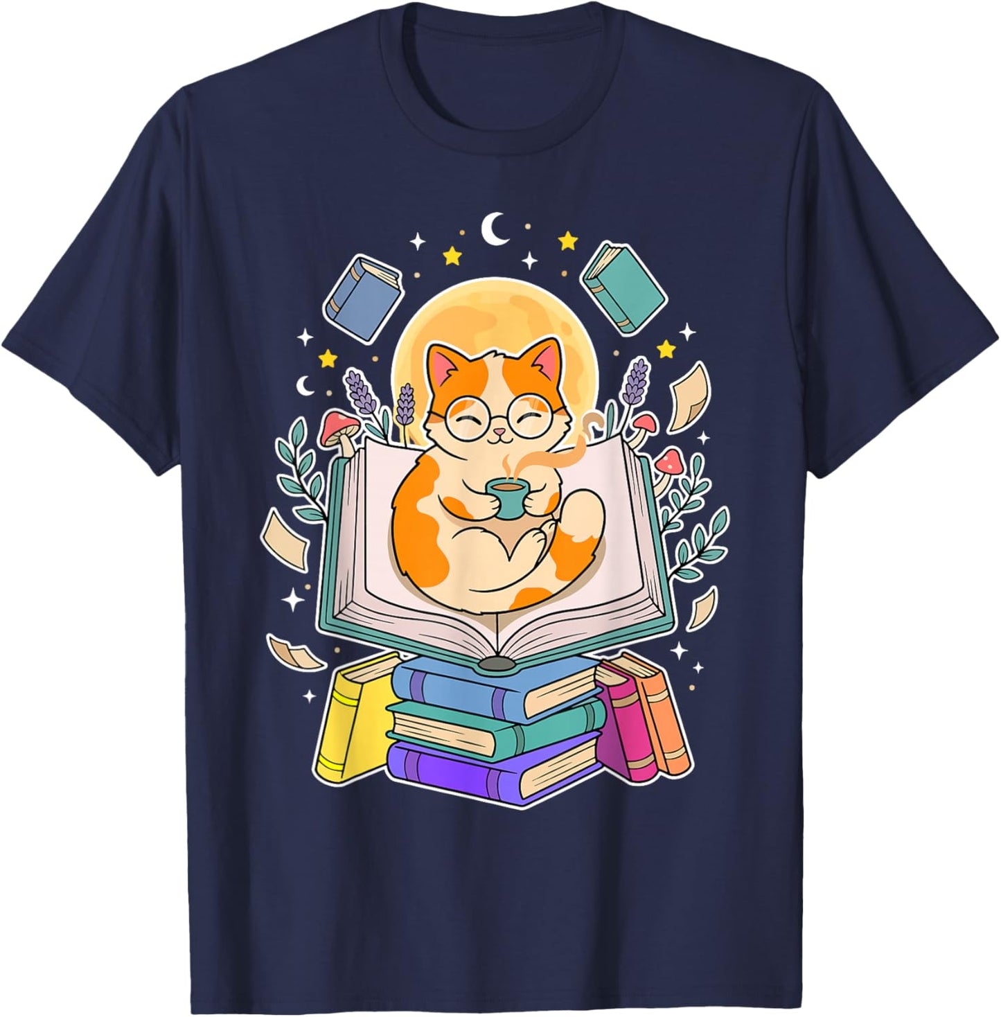 Cat Reading Book Lover Coffee Books Teacher Librarian Cat T-Shirt - T-Shirt | Navy