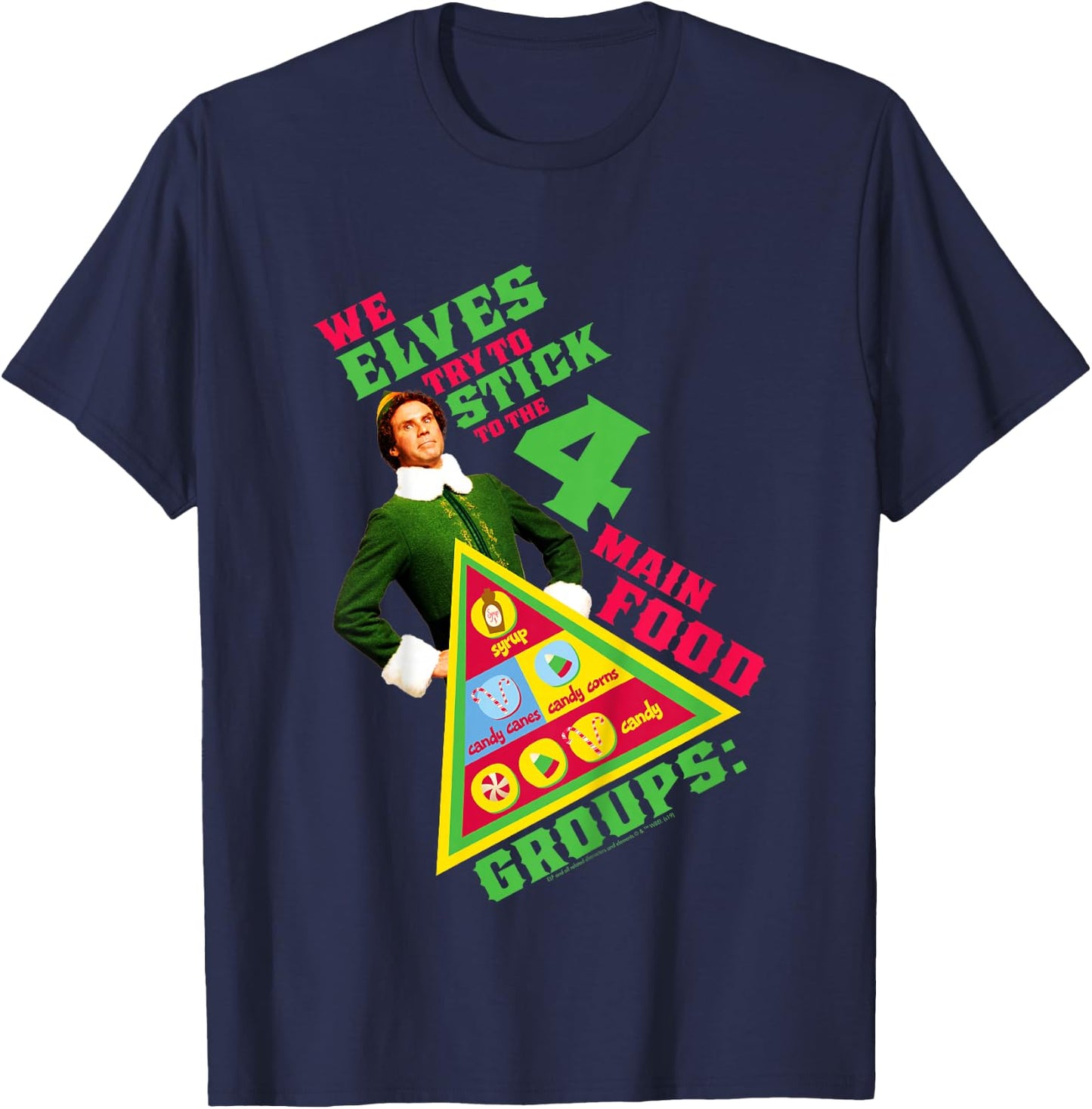 Kids Elf Buddy Four Main Food Group Pyramid Text Portrait T-Shirt - T-Shirt | Navy