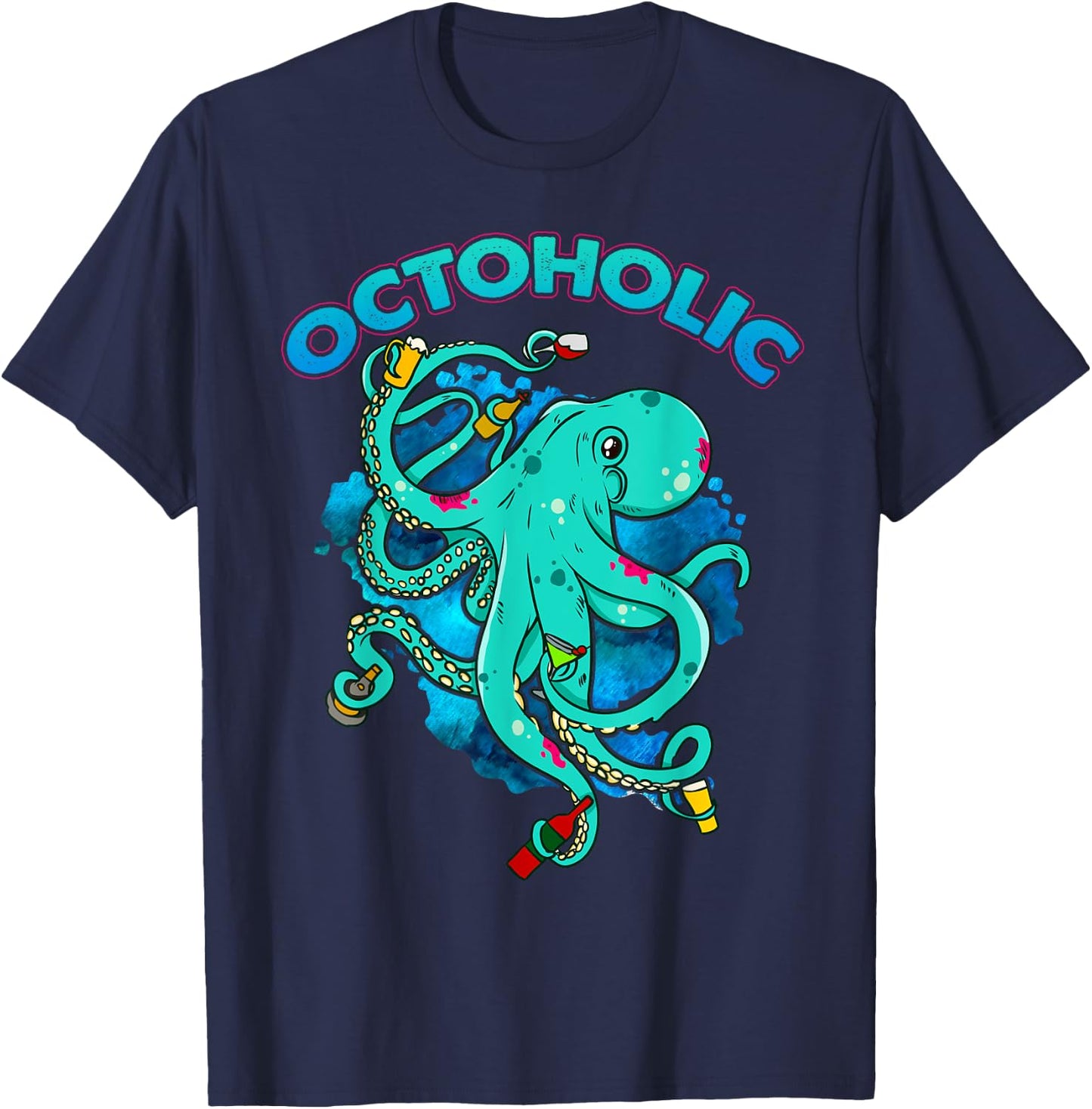 Octoholic Funny Octopus Drinking T-Shirt - T-Shirt | Navy
