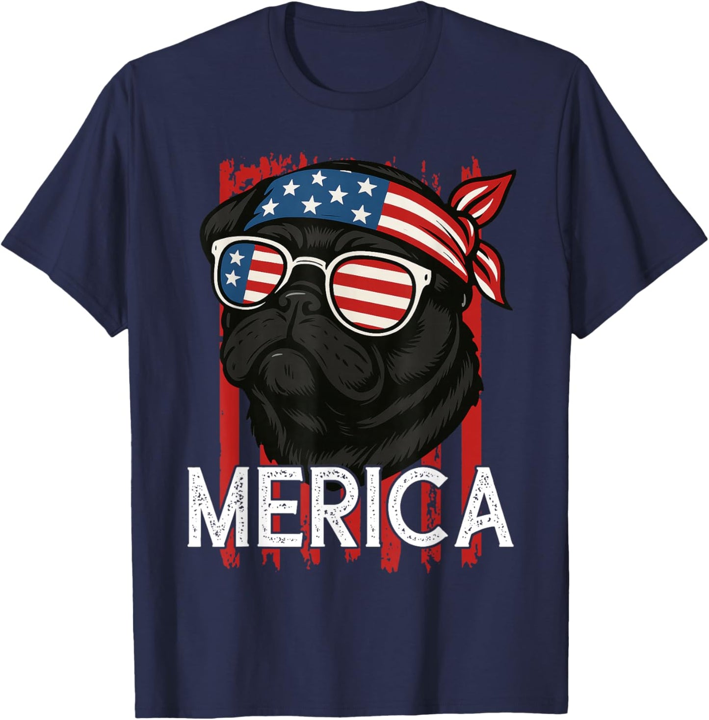 Merica Pug With American Flag Sunglasses Patriotic Dog T-Shirt - T-Shirt | Navy