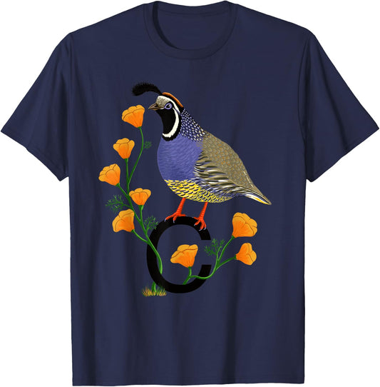 California Quail State Bird Californian Poppy Flowers T-Shirt - T-Shirt | Navy
